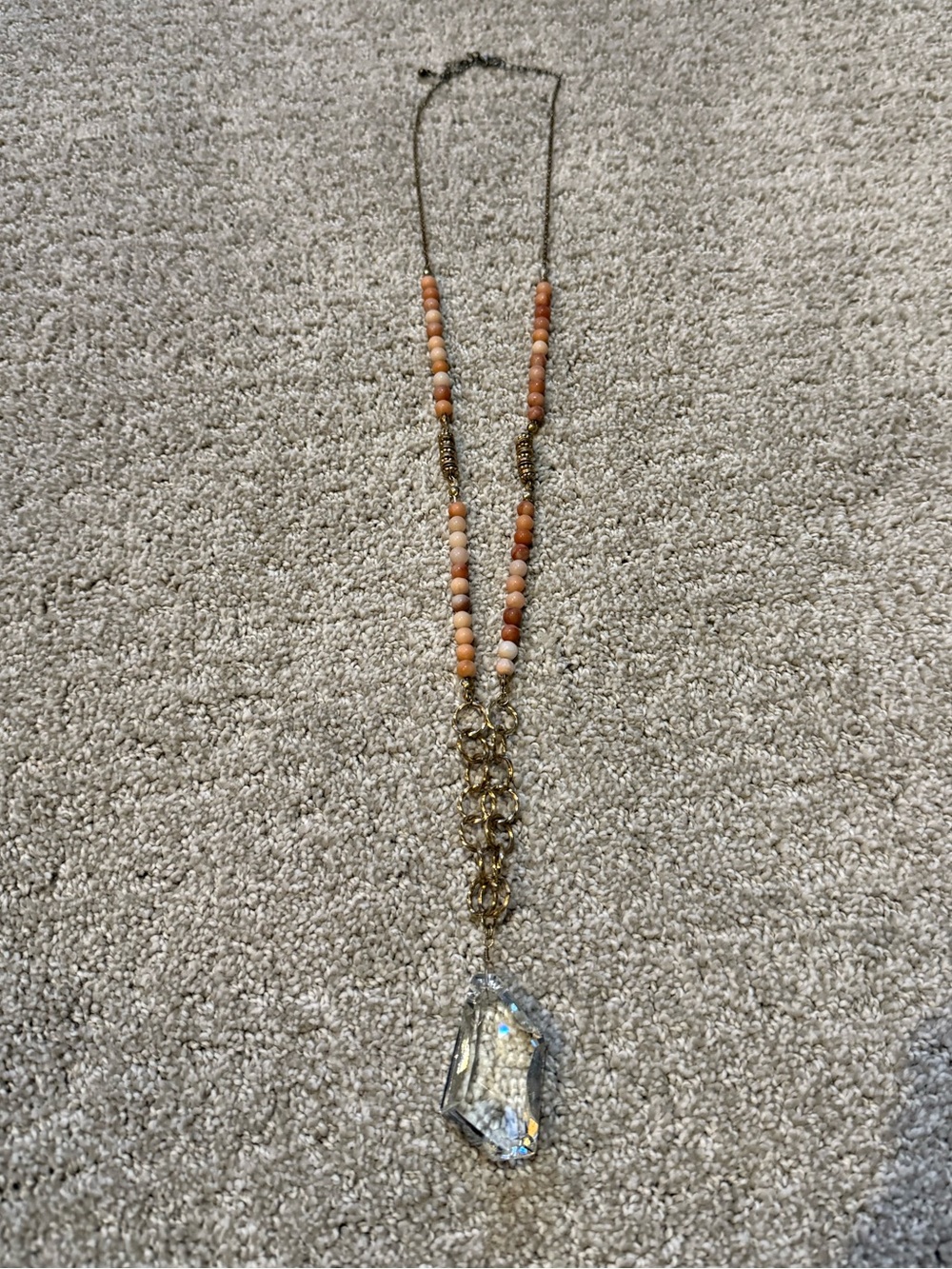 Gold Chain Necklace with Peach Beads and Crystal Pendant